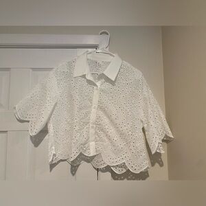 White Eyelet Button-Up Cropped Blouse